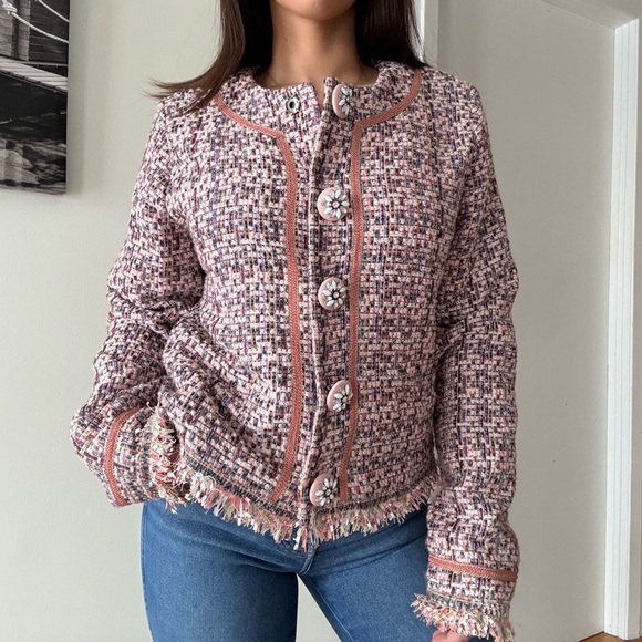 EsQualo Tweed Cropped Jacket Pink Preppy Chic Statement Buttons - Picture 7 of 13